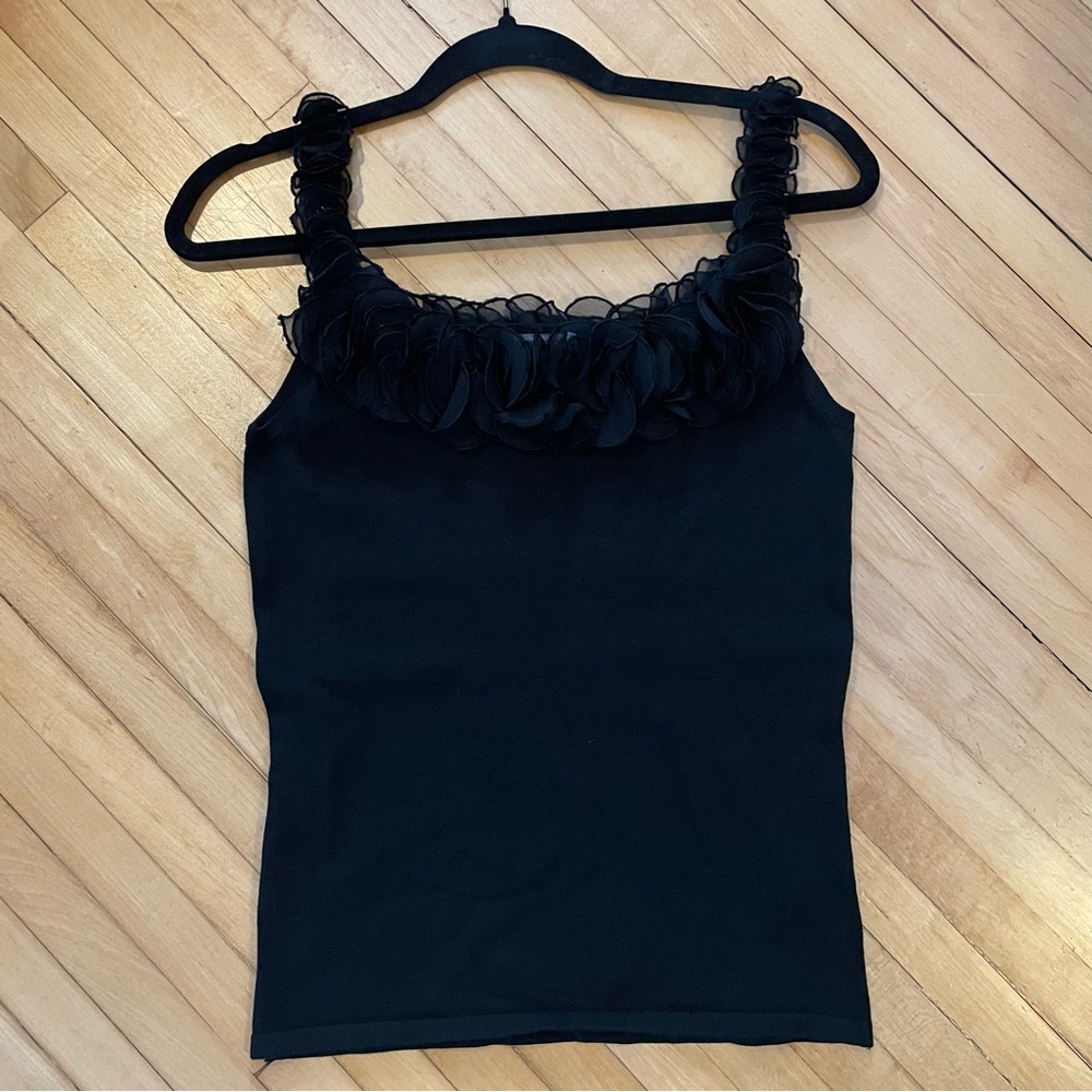 CACHE Vintage Silk Cotton Ruffle Flower Beaded Tank Top Y2K Whimsygoth Fairycore